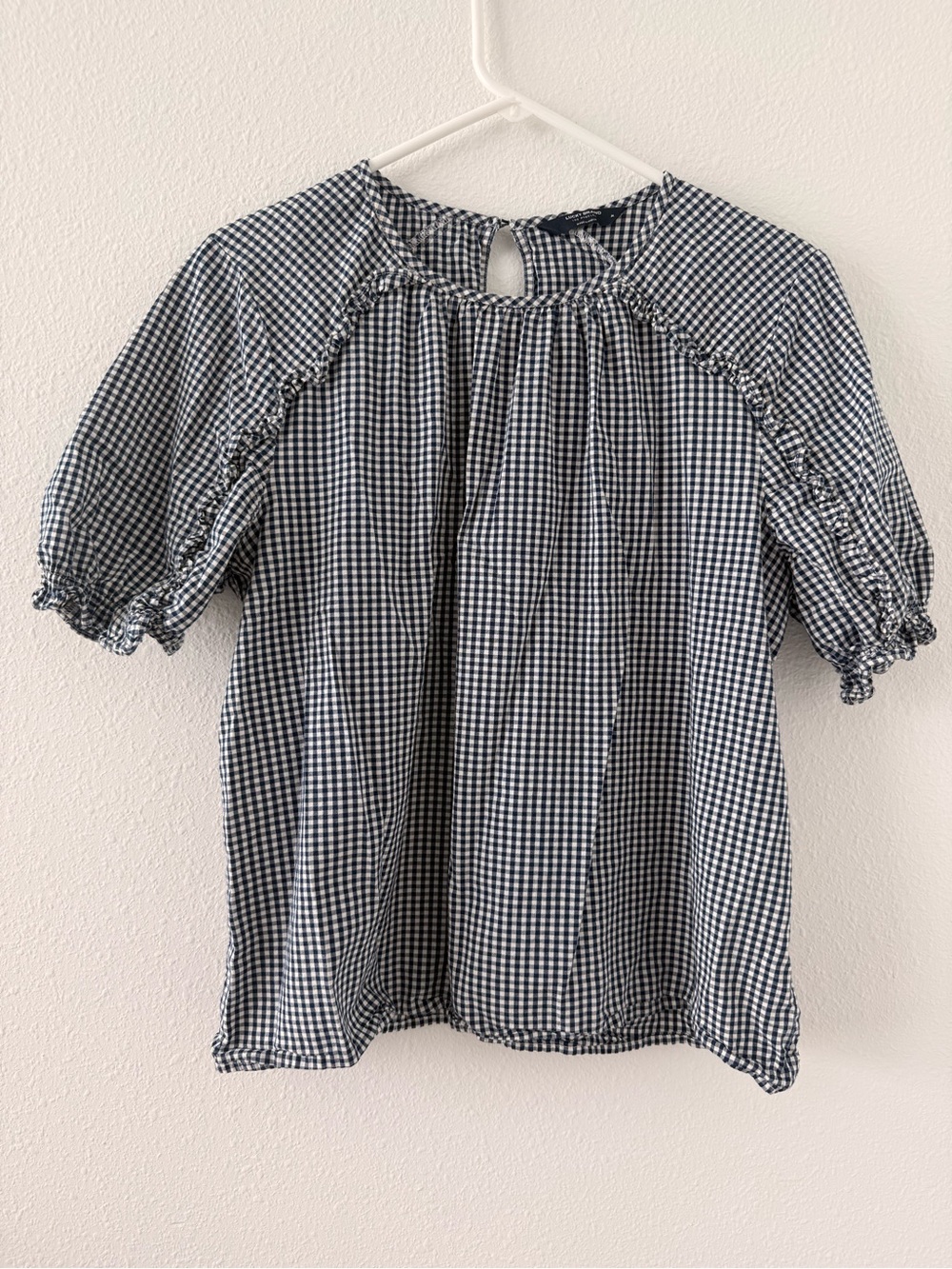 Lucky Brand Navy and White Gingham Puff-Sleeve Blouse
